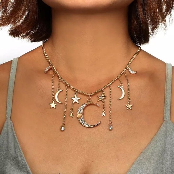 Moon and Star Charm Necklace Choker - Picture 8 of 13